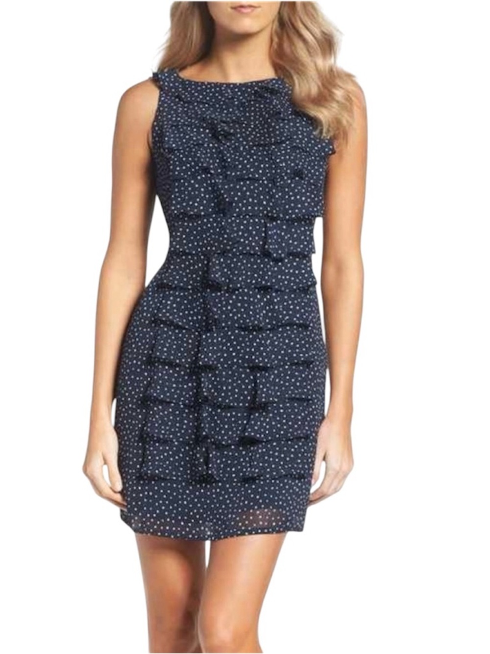 Navy Polka Dot Sz 6 Ruffle Front Mini Dress Sleeveless Shift Preppy Derby Day